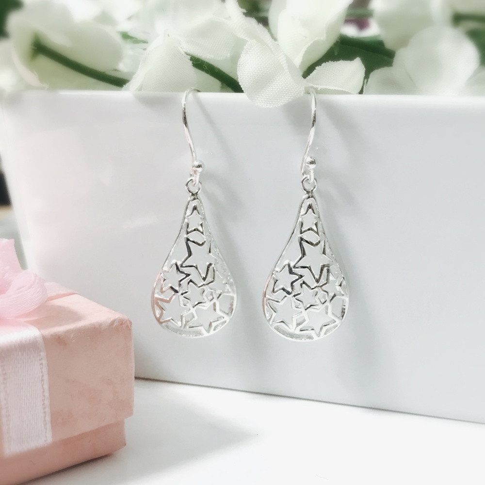 Star Design Sterling Silver Hanging Hook Earrings